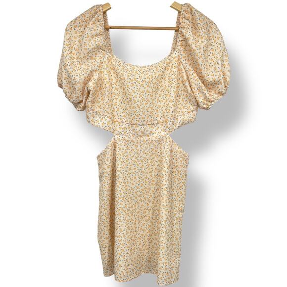 Elodie Ditsy Floral Butter Yellow Mini Dress Puff Sleeves Cut-Outs Women's S - Picture 1 of 8